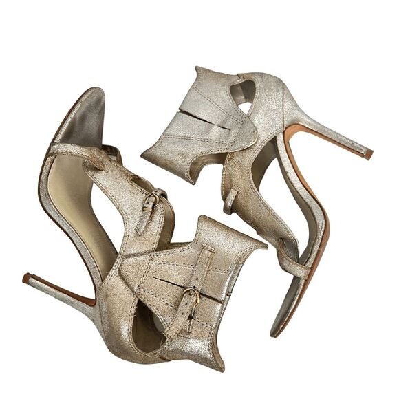 Saks Fifth Avenue Heels Stiletto Heels Open Toe Ankle Strap Buckle Leather Metal - Picture 2 of 4